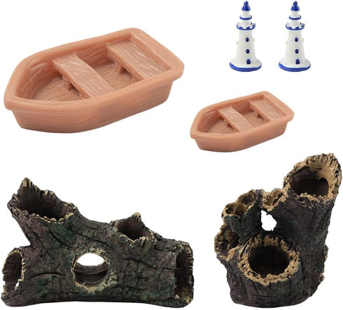 6Pcs Small Boat and Blue White Lighthouse and Artificial Tree Stump Resin Statue Micro Landscape Decorations DIY Landscaping Decoration Accessorie...