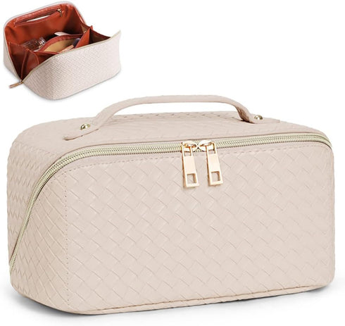 Cessfle Large Capacity Travel Cosmetic Bag, Boho White Makeup Bag Waterproof Leather Travel Toiletry Bag Woven Open Flat Makeup Organizer Bag Quil...