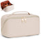 Cessfle Large Capacity Travel Cosmetic Bag, Boho White Makeup Bag Waterproof Leather Travel Toiletry Bag Woven Open Flat Makeup Organizer Bag Quil...