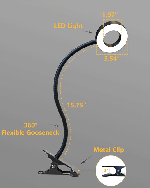 Clip on Desk Lamp with Clamp for Reading Home Office, 360° Ajustable Clip Light for Bed Headboard, Bedside or Desk with 10 Dimmable Brightness 3 E...