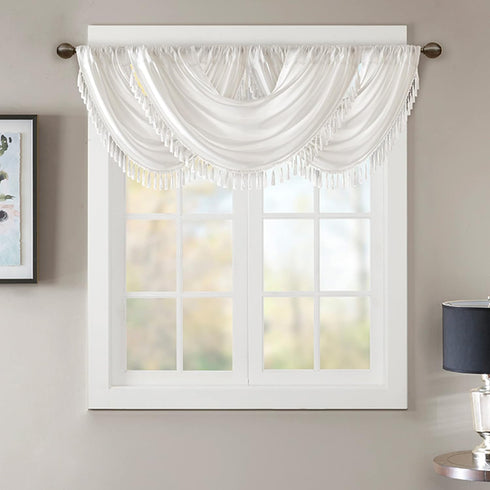 Madison Park Elena Waterfall Embellished Rod Pocket Valance , Faux Silk Valances for Window , 38X46" , White...