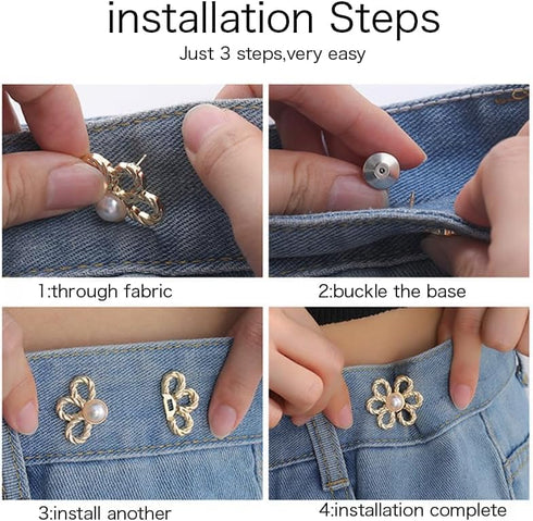 Flower Jeans Button 10 Sets Pant Waist Tightener, Adjustable Waist Buckle Sets No Sew and No Tools Detachable Decorative Waist Buckles, Jean Butto...