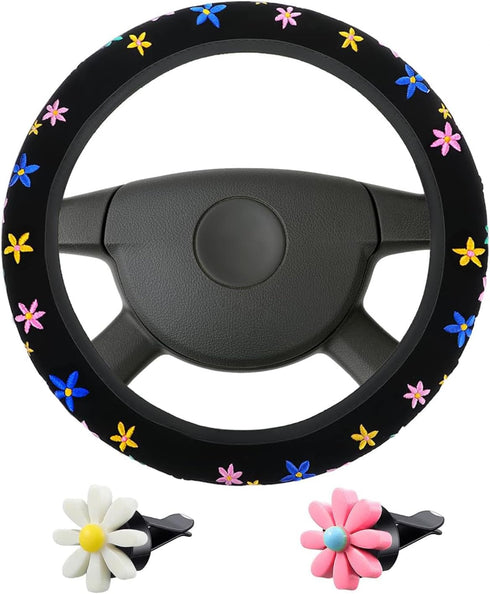 Cute Flower Floral Steering Wheel Cover, Embroidery Cute Flower Car Accessories Set with 2 Air Vent Clip Flowers, Universal Auto Interior Decor fo...
