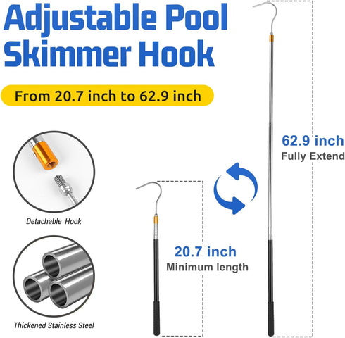 Pool Skimmer Basket Hook Skimmer Basket Pole 62.9 Inch Skimmer Lid Lifting Hook Fit for Pool Skimmer Basket with Handle Pool Filter Basket Pool Ho...