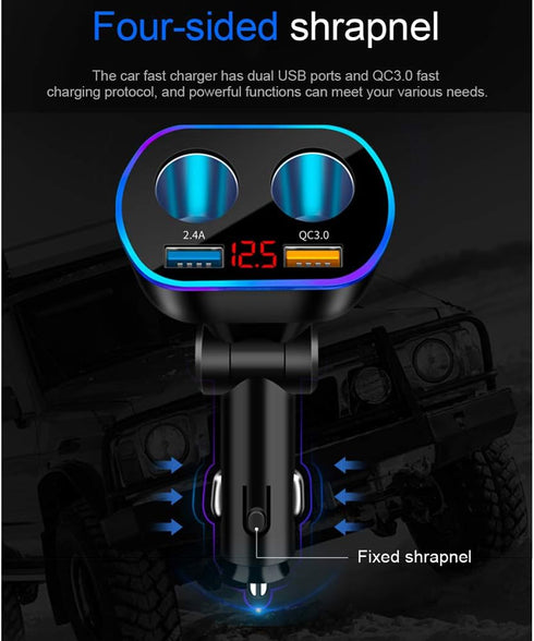 Car Charger Cigarette Lighter Splitter Adapter,120W QC3.0 Dual USB Car Charger with LED Voltmeter 12/24V Sockets Splitter Cigarette Lighter USB Ch...