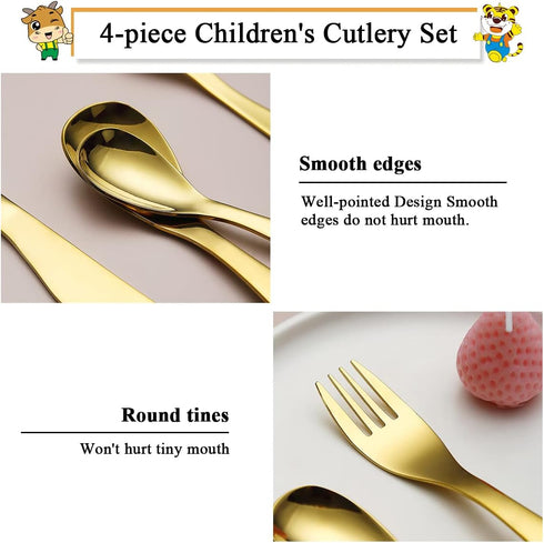 Berglander Gold Toddler Utensils 4 Pieces Golden Titanium Plating Kids Silverware Set, Children Safe Forks and Spoons Flatware, Mirror Polished Sm...