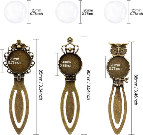 Glarks 12-Pieces Mixed Metal Antique Bronze Bookmark Sets, 6 Styles Round and Oval Alloy Trays and Glass Cabochons for Reading Gift Crafting DIY B...