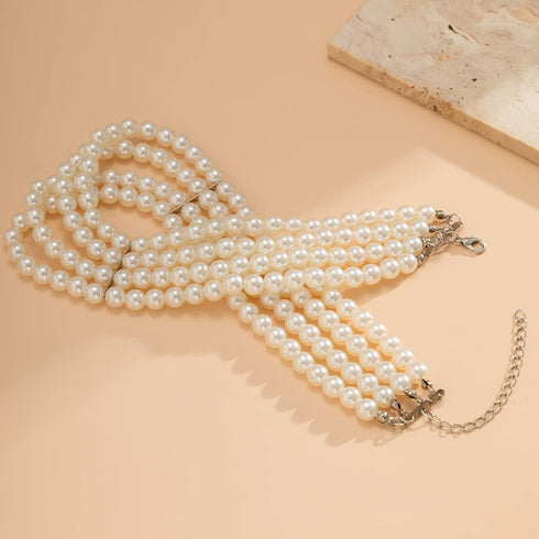 Multi Strand Pearl Choker Necklace Faux Pearls Necklace 4 Row Pearl Necklace 1920s Flapper Pearls Necklace Vintage Costume Short Pearl Necklace fo...