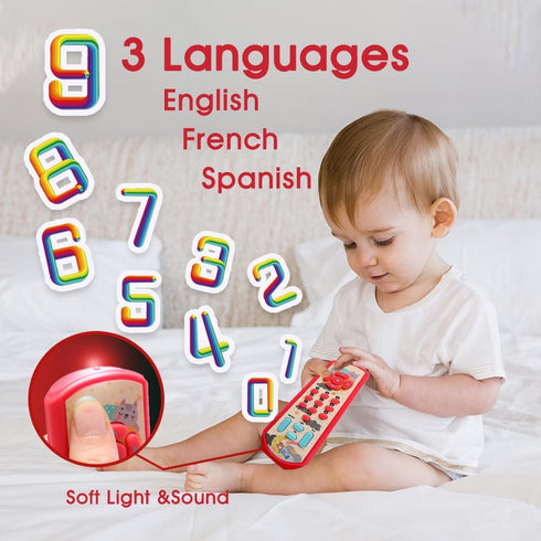 Baby Remote Control Toy - 3 languages Spanish & French & English Learning Toys, Musical, and Safe Simulation TV Remote for 6-12 Months Old Boys an...
