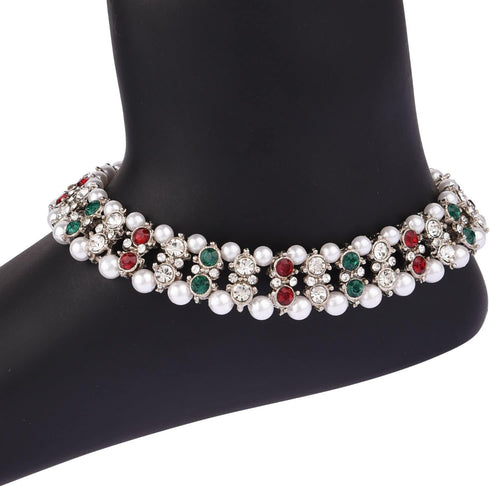 Efulgenz Indian Silver Anklets Bollywood Crystal Faux Kundan Pearl Ghungroo Anklets Wedding Bridal Anklet Pair Payal Bracelet Jewelry Indian Jewel...