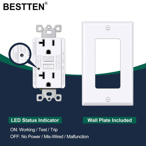 BESTTEN GFCI Outlet 20 Amp, GFI Electrical Receptacle with LED Indicator, 20A Non-Tamper-Resistant Ground Fault Circuit Interrupter, Wallplate Inc...