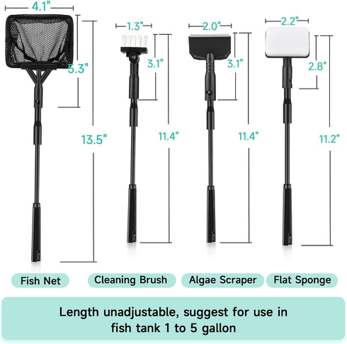 hygger Small Aquarium Cleaning Tools, 4 in 1 Fish Tank Cleaner Kit with Handle,Fish Net,Algae Scraper,Clean Brush,Flat Sponge...