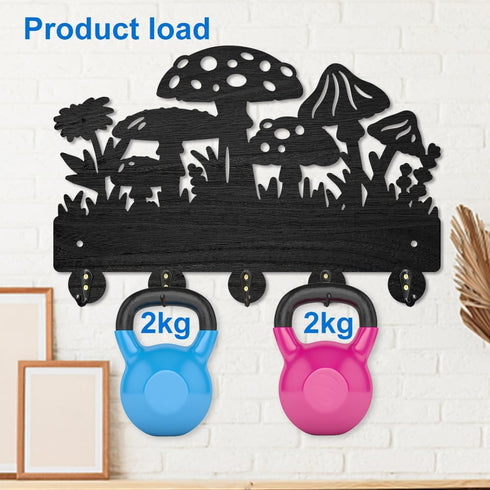 Mushroom Wall Mounted Coat Rack Wildflower Meadow Wood Key Hooks for Wall 11.8×7.9inch Black Key Holder Hanger Wall Art Decor with 5 Alloy Hooks f...