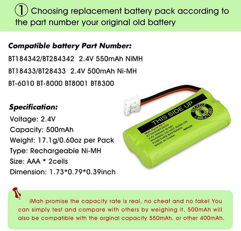 iMah BT18433/BT28433 2.4V 500mAh Ni-MH Cordless Phone Battery Pack, Also Compatible with VTech AT&T Telephone Batteries BT184342/BT284342 BT8300 B...