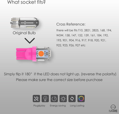 168 194 2825 T10 W5W 5050 5-SMD LED License Plate Dome Map Lights Bulbs (20 pieces) (Pink/Purple)...