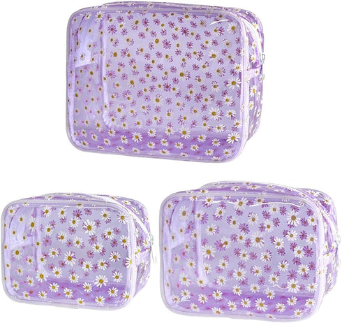 3pcs Clear Makeup Bags,Transparent Women Cosmetic Bag with Zipper,Daisy Beauty Case,Make Up Organizer Storage,Bath Toiletry Wash Bag...