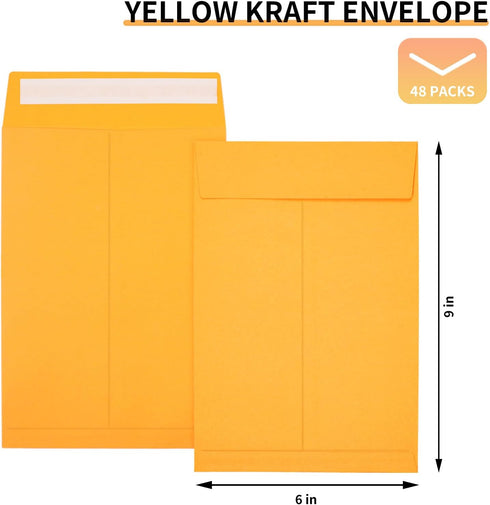 Joyberg 48 PCS 6x9 Envelopes Self Seal, Yellow Envelopes 6x9 Printable, Catalog Mailing Envelopes 6x9 Tear Resistant, Kraft Envelope for Mailing L...