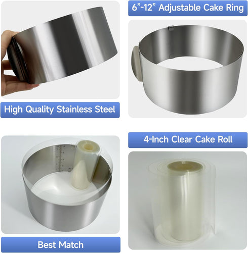Cake Ring Mold Set, Stainless Steel Pastry Ring 6-12 Inch Adjustable Mousse Cake Mould with 4-Inch Cake Collar for Baking, Cake Decorating...