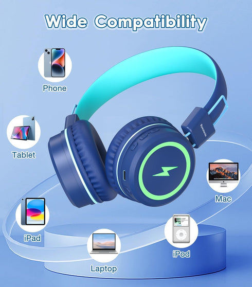 Kids Wireless Headphones with Colorful LED Lights, Foldable Children Headphone with Stereo Sound, 50H Playtime, 92dB Volume Limited Headphones On ...