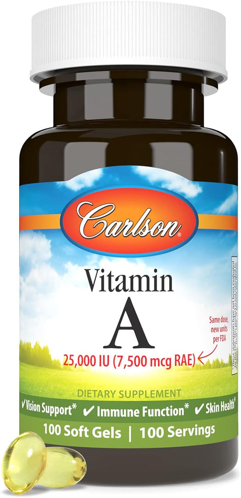Carlson - Vitamin A, 25000 IU (7500 mcg RAE), Vision & Skin Health, Immune Function, 100 soft gels...