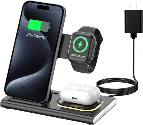 3 in 1 Foldable Charging Station for Apple Products,Fast Wireless Charger Travel Dock Adapter&Light for iPhone 15/14/13/12/11/X/XS/XR 8,iWatch Ult...