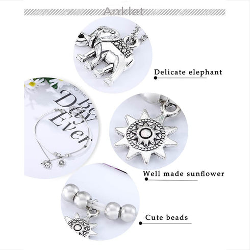 Vintage Layered Ankle Bracelets Sunflower Silver Anklets Chain Elephant Beach Foot Jewelry for Women and Girls...