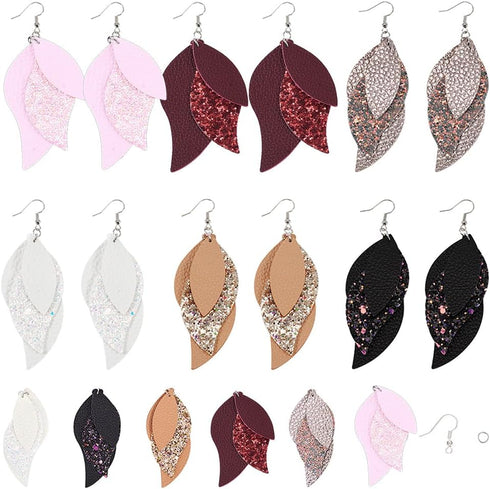SUNNYCLUE 44Pcs DIY 6 Pairs Faux Leather Charms Three Layer Teardrop Dangle Leaves Charms Earring Making Kit Thanksgiving Teardrop Glitter Leaf La...