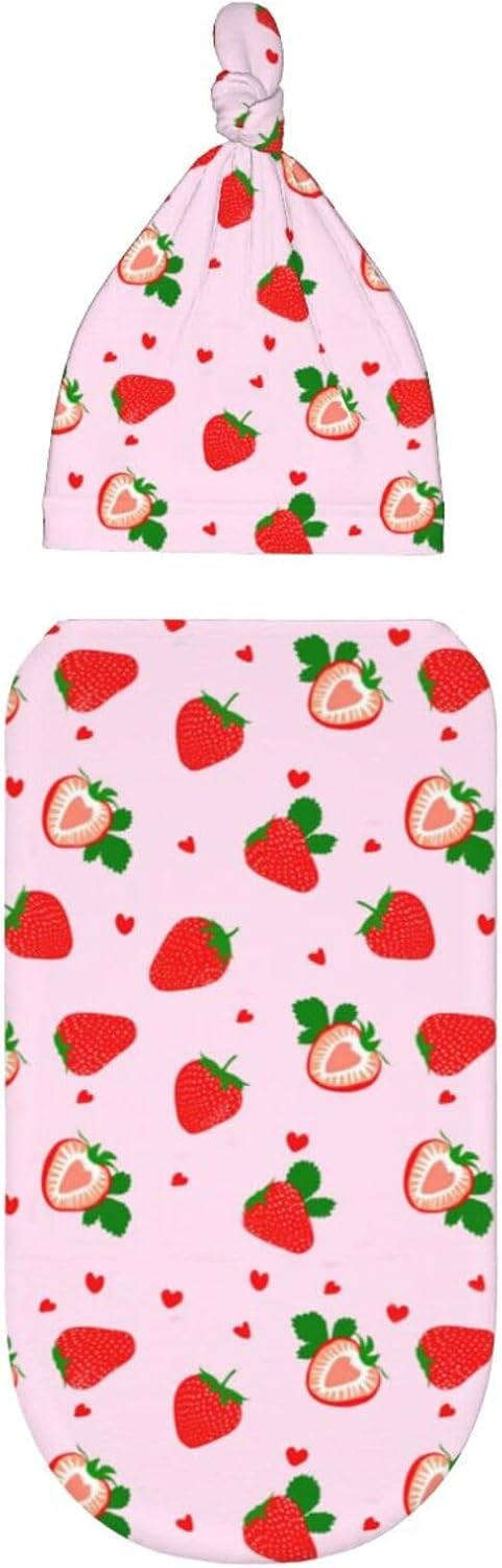 Swaddle Blanket Strawberry Baby Stuff Newborn Baby Swaddling Blanket Sleep Sack with Beanie Hat Sets for Boys Girls Infant and Baby Shower Unisex...