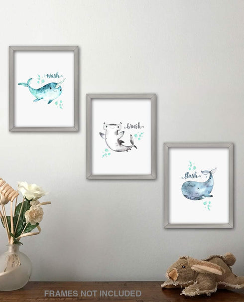 Confetti Fox Kids Bathroom Wall Art Decor - 8x10 Unframed Set of 3 Prints - Sea Animals Dolphin Shark Whale - Wash Brush Flush...