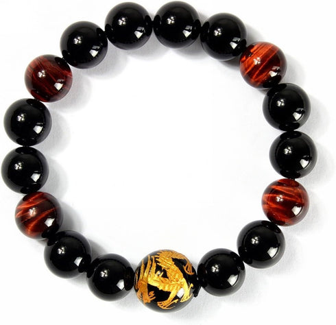 Men's 12mm Tiger Eye Agate Bead Bracelet (Golden Color) Dragon King Pattern Stretch Bracelet Length: 7.6"...