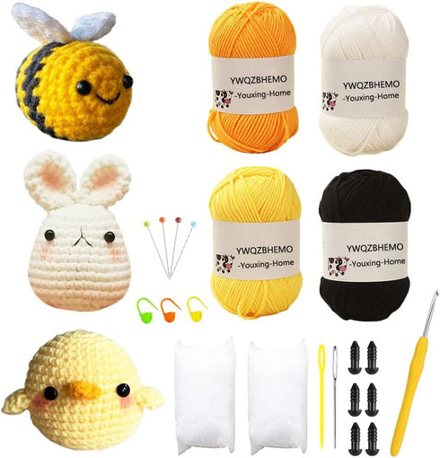 YWQZBHEMO 3 Pattern Crochet Kits - Crochet 3 Different Patterns Sets for Beginners/Experts - Rabbit, Chicken, Bee for Adult Starters, Kids, includ...