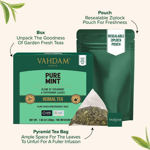 VAHDAM, Pure Mint Herbal Tea (100 Pyramid Tea Bags) Caffeine Free, Non GMO, Gluten Free | Blend of Spearmint & Peppermint - Sweet & Minty | Reseal...