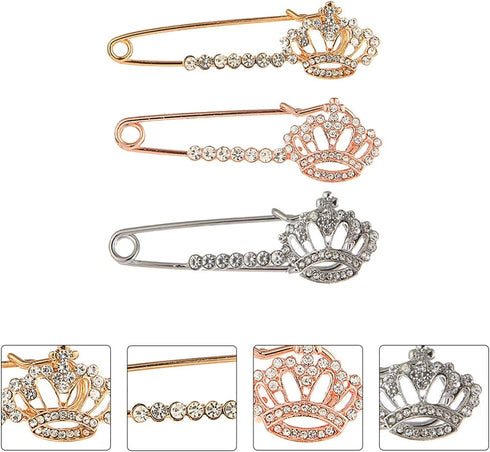 3Pcs Crown Safety Pin Women Crystal Brooch Pins Sweater Shawl Clips Rhinestone Brooches New Year Valentines Day for Women Men...