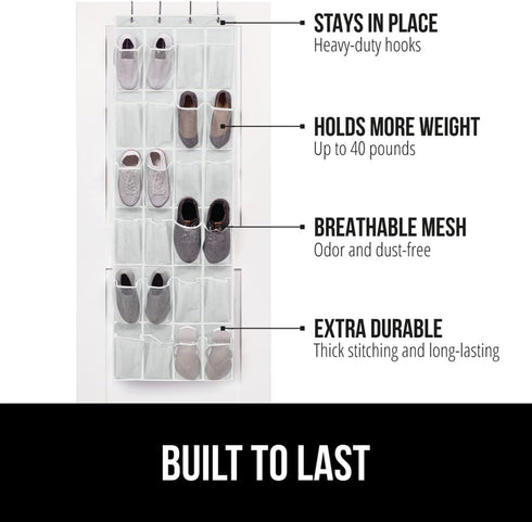 GORILLA GRIP Over the Door Shoe Organizer, 24 Large Breathable Mesh Pockets, Space Saving Hanging Storage Holder, Closet Rack Hanger Holds Up to 4...
