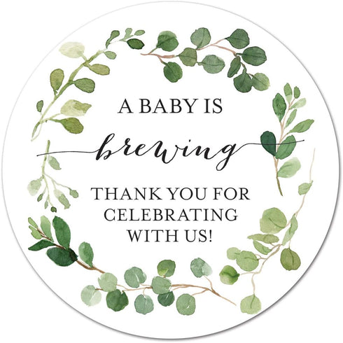 40 cnt A Baby is Brewing Greenery Eucalyptus Favor Labels...