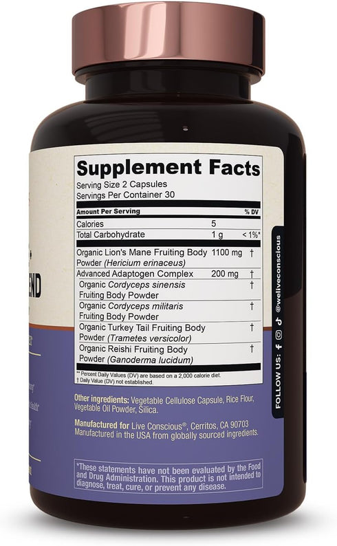 Live Conscious Lions Mane Mushroom Supplement Capsules for Brain Support w/Lion's Mane, Cordyceps, Reishi, and Turkey Tail Mushrooms - Cognitive M...