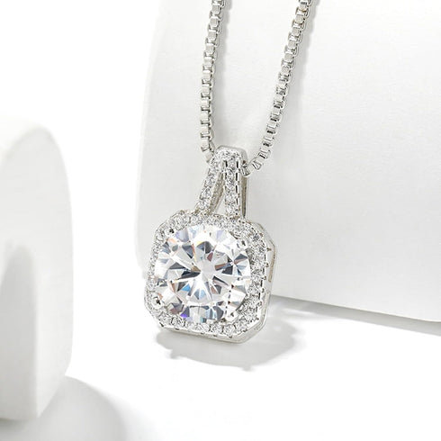 Cubic Zirconia Earrings and Necklace Set for Women 14K White Gold Plated Square Jewelry Set for Women Silver Pendant Necklace Hypoallergenic Stud ...