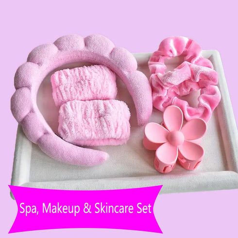 RICHTOP Spa Headband and Wristband Set, 6 Pack Skincare Headband Face Wash Headband, Skin Care Headband Set with Hair Clip Pink Headband for Washi...