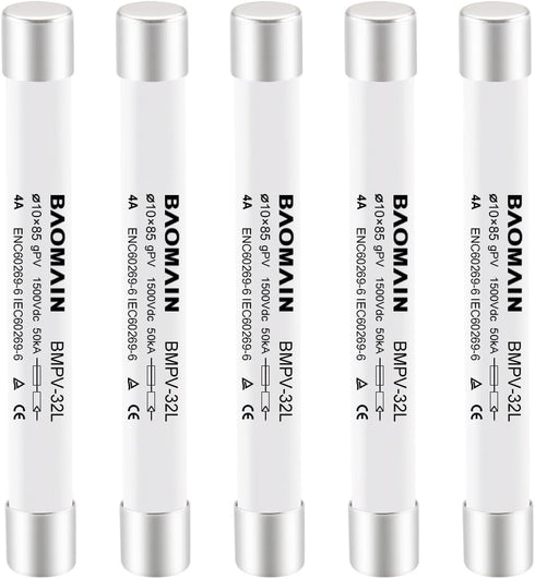 Baomain 1500VDC Solar PV Fuse, gPV-Type Fuse Link, Wire Fusible 10 x 85 mm 50kA Photovoltaic Fuses, BMPV-32L CE Pack of 5 (4 Amp.)...