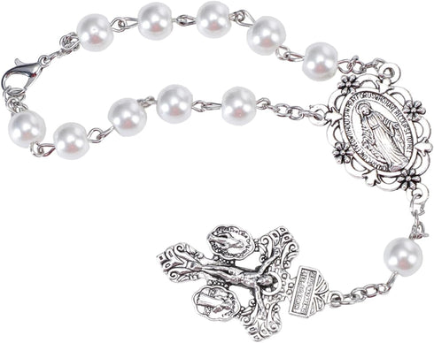White Pearl Rosary for Car,Pardon Crucifix One Decade Rosary,Medalla Milagrosa Small Car Rosary for Rearview Mirror,Pocket Rosary Crucifijo Cruz D...