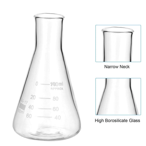 PATIKIL Erlenmeyer Flask, 3 Pcs 100ml 3.4oz Narrow Mouth Graduated Flasks Borosilicate Glass with Printed Graduation for Lab Experiment Chemistry ...