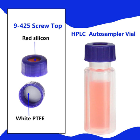 2ML Polypropylene Vials, 9mm Short Thread Vial with Micro Volume 700µL, Blue Screw Cap with Hole, WhitePTFE&Red Silicone Septa, for Ion Chromatogr...