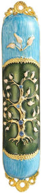 Hand Painted Enamel Mezuzah Embellished with a Tree of Life Design with Gold Accents and Crystals by Matashi, (MTMZ221)...