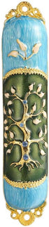 Hand Painted Enamel Mezuzah Embellished with a Tree of Life Design with Gold Accents and Crystals by Matashi, (MTMZ221)...