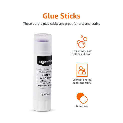 Amazon Basics Purple Washable School Glue Sticks, Dries Clear, 0.24-oz Stick,60-Pack...