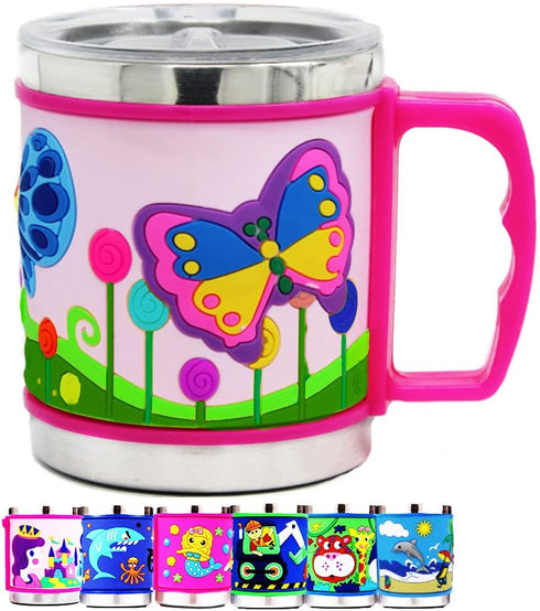 F-32 12 Oz Kids Stainless Steel Butterflies 3D Mug with 2 Pack Slider Closure Lids - Eco-Friendly - BPA Free Signature Collection (Butterflies)...