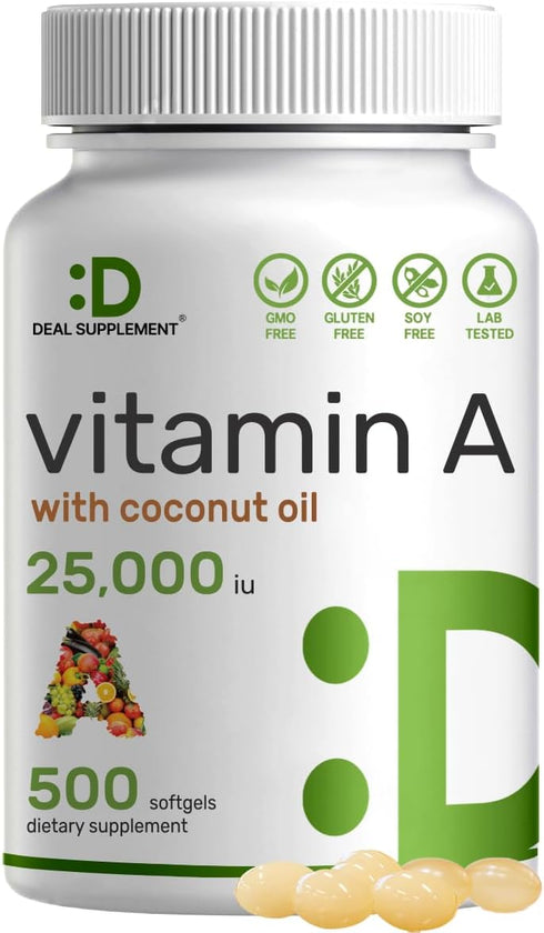 DEAL SUPPLEMENT High Potency Vitamin A 25000 IU, 500 Coconut Oil Softgels | Easily Absorbed, Natural Fish Liver Oil Source – Vitamins for Eye, Imm...