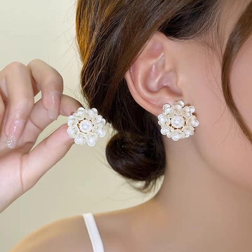 Round Flower Shell Pearl Stud Earrings for Women Girls 925 Sterling Silver Post Pin 14K Gold Plated Dainty White Hydrangea Clover Cluster Leaf Blo...