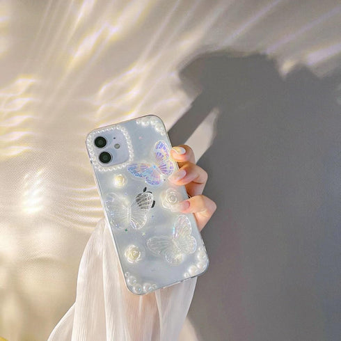 for iPhone 14 Case with Charm Chain Butterfly Flower 3D Cute Phone Case,Crystal Clear Shiny Case with Wrist Bracelet Pearl Shockproof Clear...