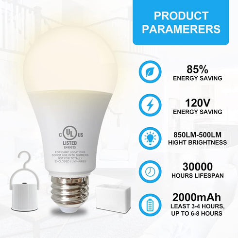 Rechargeable Light Bulbs, Emergency Battery Light Bulb for Power Outage, Battery Operated Light Bulbs 2000mAh Battery Backup 850Lumens 9W 60W Equi...